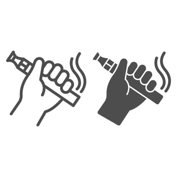 Hand mit Vape Line und solidem Symbol, Rauchkonzept, Vape-Gerät in der Hand Zeichen auf weißem Hintergrund, Vaporize Pen-Gerät Symbol in Umriss Stil für mobiles Konzept und Web-Design. Vektorgrafik. — Stockvektor