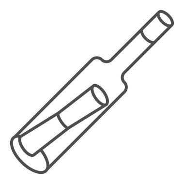 Şişede ince çizgi simgesi, deniz konsepti, beyaz arka planda şişe işareti, tıpalı cam kap ve mobil ve web için taslak biçiminde kağıt simgesi. Vektör grafikleri.