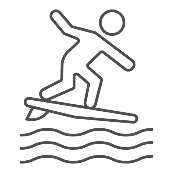 Surfen dünne Linie Symbol, Sommer-Wassersport-Konzept, Surfer und Wellen Zeichen auf weißem Hintergrund, Mann Surfen auf Surfbrett-Symbol in Umriss Stil für mobiles Konzept und Web-Design. Vektorgrafik. — Stockvektor