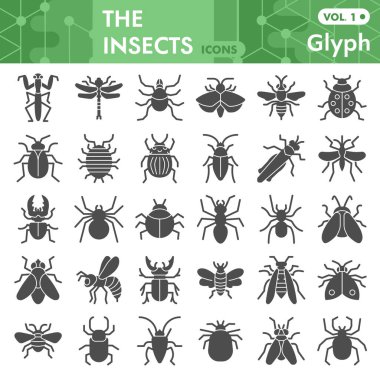 Katı ikon seti, böcekler, böcekler, termitler, semboller koleksiyonu ya da çizimleri. Web ve uygulama için böcek siluetleri kabartma tarzı işaretler. Beyaz arkaplanda izole edilmiş vektör grafikleri.