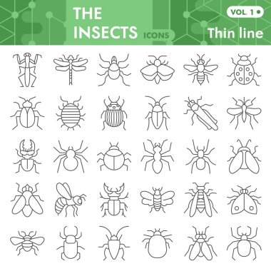 Böcekler ince çizgi ikonu seti, böcekler, böcekler, termit sembolleri koleksiyonu veya çizimleri. Böcekler ağ ve uygulama için doğrusal biçim işaretleri oluştururlar. Beyaz arkaplanda izole edilmiş vektör grafikleri.