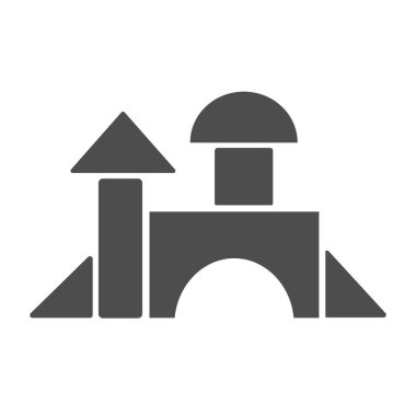 Ahşap bloklardan sağlam ikona, çocuk oyuncakları konseptine, beyaz arka planda oyuncak yapım tabelasına, çocuklar için oyuncak şatosu mobil ve internet için sembol şeklinde oynanıyor. Vektör grafikleri.