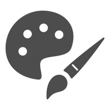 Boya ve fırça katı ikon, çizim konsepti, beyaz arkaplanda palet işareti olan boya fırçası, boyanmış ahşap palet ve mobil konsept ve web tasarımı için glifli fırça simgesi.