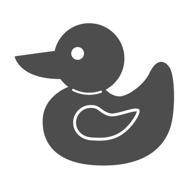 Ördek oyuncağı katı ikon, çocukluk kavramı, beyaz arka planda plastik ördek yavrusu işareti, mobil konsept ve web tasarımı için kabartma şeklinde banyo oyuncağı ikonu. Vektör grafikleri.