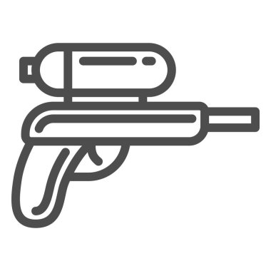 Su tabancası çizgisi ikonu, çocuk oyuncakları konsepti, beyaz arka planda silah oyuncağı tabelası, mobil konsept ve web tasarımı için ana hatlı su tabancası ikonu. Vektör grafikleri.