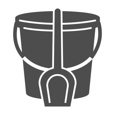 Kova ve spatula katı ikonu, Çocuk oyuncakları konsepti, beyaz arka planda kum havuzu işareti için oyuncaklar, cep telefonu konsepti ve web tasarımı için glifli simge şeklinde mala ve kum kovası. Vektör grafikleri.