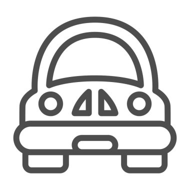 Oyuncak araba hattı ikonu, çocuk oyuncakları konsepti, beyaz arka planda komik araba tabelası, mobil konsept ve web tasarımı için ana hatlı çocuk otomobil ikonu. Vektör grafikleri.