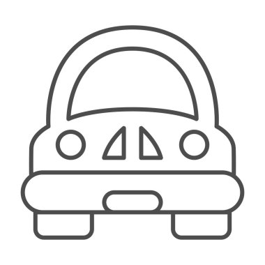 Oyuncak araba ince çizgi ikonu, çocuk oyuncakları konsepti, beyaz arka planda komik araba tabelası, mobil konsept ve web tasarımı için ana hatlı çocuk otomobil ikonu. Vektör grafikleri.