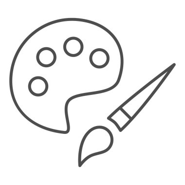 Boya ve fırça ince çizgi simgesi, çizim konsepti, beyaz arkaplanda palet işareti olan boya fırçası, boyanmış ahşap palet ve mobil konsept ve web tasarımı için taslak biçimli fırça simgesi. 