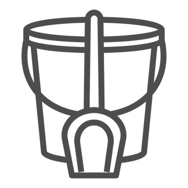 Kova ve spatula çizgisi ikonu, Çocuk oyuncakları konsepti, beyaz arka planda kum havuzu işareti için oyuncaklar, cep telefonu konsepti ve web tasarımı için özet tarzında mala ve kum kovası ikonu. Vektör grafikleri.