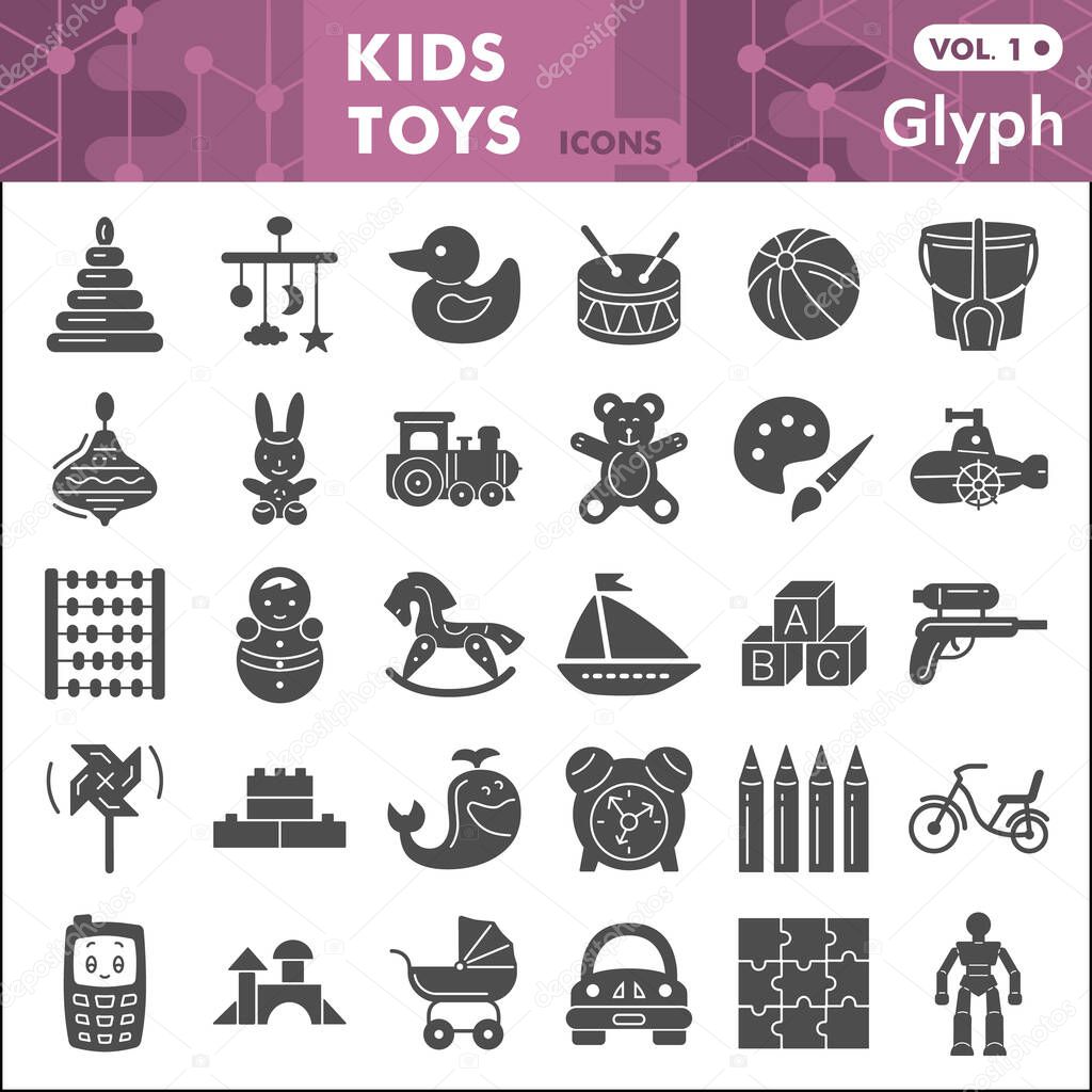 Kids toys solid icon set, Children toys symbols collection or sketches. Baby toy glyph style signs for web and app. Vector graphics isolated on white background
