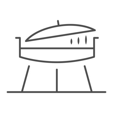 Izgara ızgara ince çizgi ikonu, bbq konsepti, beyaz arka planda daha Brezilya tabelası, cep telefonu konsepti ve web tasarımı için ana hatlı piknik ikonu için kapaklı kızartma tavası. Vektör grafikleri.