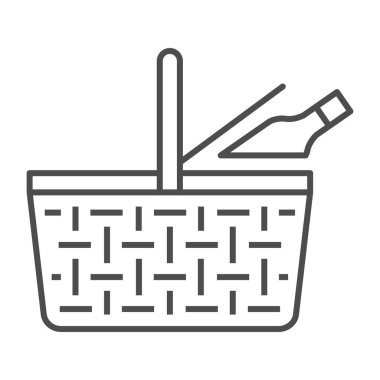 Yemek sepeti, ince çizgi ikonu, piknik konsepti, beyaz arka planda piknik septi tabelası, Wicker piknik septi ve mobil konsept ve web tasarımı için ürün ikonu. Vektör grafikleri.