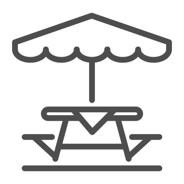 Kamp Masası ve Bench şemsiye çizgisi ikonu, piknik konsepti, masa ve Bench dış tabela beyaz arka plan, açık masa şemsiye ikonu taslak tarzı. Vektör grafikleri.