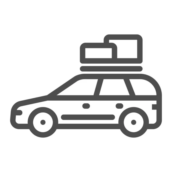 Icono de línea de coche de viaje, concepto de viaje de verano, paseos en coche en el cartel de picnic sobre fondo blanco, automóvil con cajas en el icono del techo en el estilo de esquema para el concepto móvil, diseño web. Gráficos vectoriales . — Archivo Imágenes Vectoriales