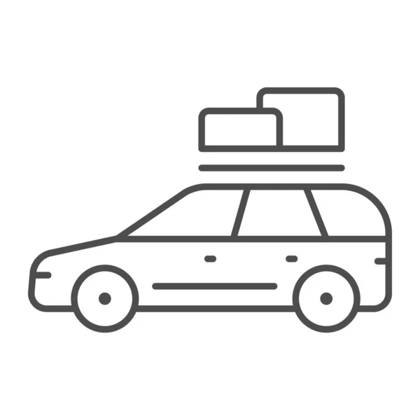 旅行車の細い線のアイコン、夏の旅行のコンセプト、白い背景にピクニックサインに車に乗る、モバイルコンセプト、ウェブデザインのアウトラインスタイルで屋根のアイコンにボックスと自動車。ベクトルグラフィックス. — ストックベクタ