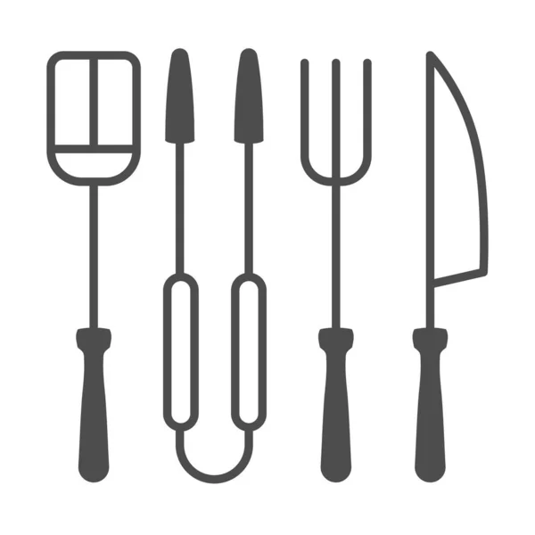 BBQ Grill Set - тонка лінійна ікона, концепція BBQ - Roasting grill tools sign on white background, Spatula, Fork, Tongs and Knife - в контурному стилі для мобільних концепцій та веб-дизайну. Векторна графіка. — стоковий вектор