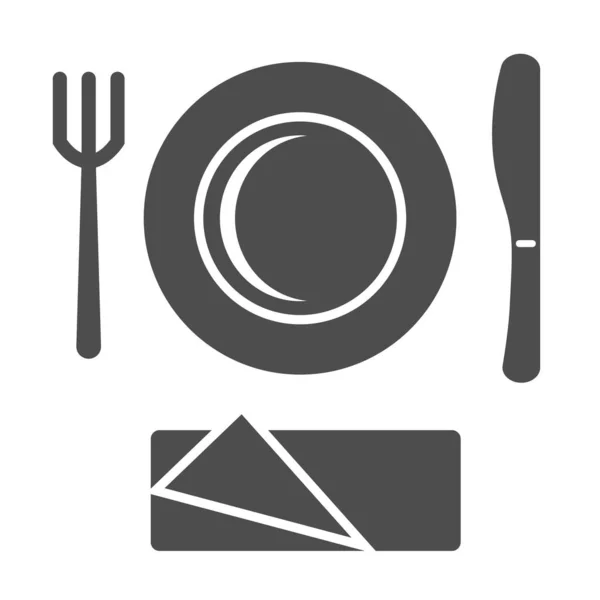 Icono sólido de vajilla desechable de plástico, concepto de picnic, letrero de cubiertos de picnic sobre fondo blanco, placa con tenedor e icono de cuchillo en estilo glifo para el diseño móvil y web. Gráficos vectoriales . — Vector de stock