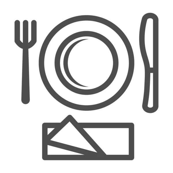 Icono de línea de vajilla desechable de plástico, concepto de picnic, letrero de cubiertos de picnic sobre fondo blanco, placa con tenedor e icono de cuchillo en estilo de esquema para el diseño móvil y web. Gráficos vectoriales . — Vector de stock