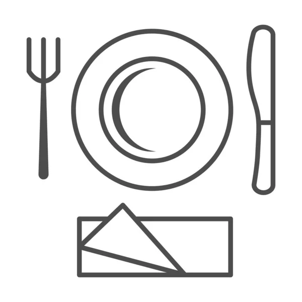 Icono de línea delgada de vajilla desechable de plástico, concepto de picnic, letrero de cubiertos de picnic sobre fondo blanco, placa con tenedor e icono de cuchillo en estilo de esquema para el diseño móvil y web. Gráficos vectoriales . — Archivo Imágenes Vectoriales