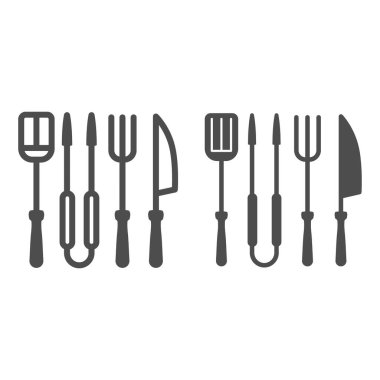 BBQ Grill Set hattı ve katı ikon, BBBQ konsepti, beyaz arka planda ızgara araçları işareti, Spatula, Fork, Tong ve Knife simgesi mobil konsept ve web tasarımı için ana hatlar biçiminde. Vektör grafikleri.