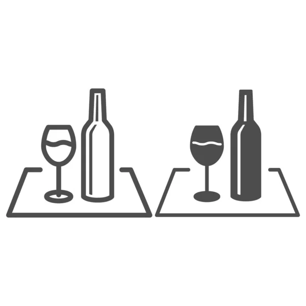 Bicchiere di vino e bottiglia sulla linea della tovaglia e icona solida, concetto di picnic, segno di cibo picnic su sfondo bianco, icona di vino e bottiglia in stile contorno per cellulare e web. Grafica vettoriale. — Vettoriale Stock
