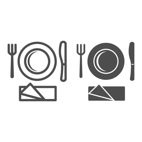 Línea de vajilla desechable de plástico e icono sólido, concepto de picnic, letrero de cubiertos de picnic sobre fondo blanco, placa con tenedor e icono de cuchillo en estilo de esquema para el diseño móvil y web. Gráficos vectoriales . — Archivo Imágenes Vectoriales