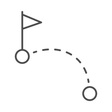 Golf sahası, ince çizgi ikonu, golf konsepti, beyaz arka planda delik tabelasına giren golf topu, Golfball mobil konsept ve web tasarımı için ana hatlı olarak gol ikonuna gidiyor. Vektör grafikleri.