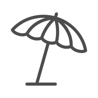 Plaj şemsiyesi çizgisi ikonu, yaz konsepti, beyaz arka planda şemsiye işareti, mobil konsept ve web tasarımı için ana hatlı güneş şemsiyesi ikonu. Vektör grafikleri.