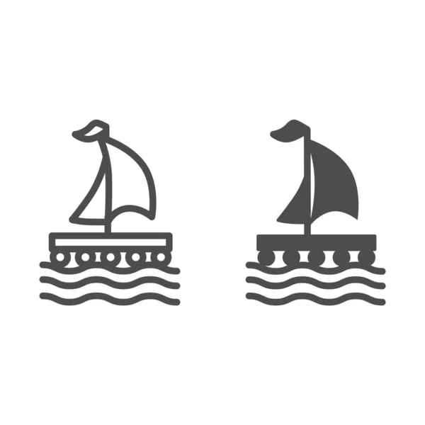 Деревянный плот с парусной линией и твердой иконой, морская концепция, знак лодки на белом фоне, иконка плота в стиле наброска для мобильной концепции и веб-дизайна. Векторная графика . — стоковый вектор