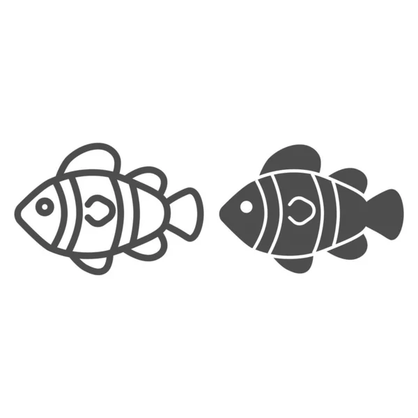 새까만 물고기 줄 과 단단 한 아이콘, 해양 생물 컨셉, 열 대 산호초 물고기가 흰색 배경에 표시되어 있고, 광대 한 물고기 아이콘 이 모바일 컨셉 과 웹 디자인의 윤곽을 이루고 있다. 벡터 그래픽. — 스톡 벡터