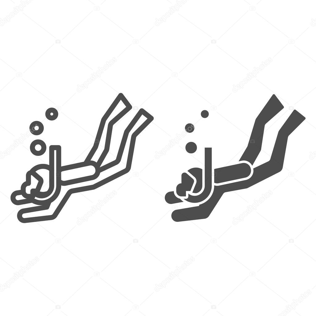 Diver line and solid icon, underwater sport concept, Swimming diver in deep immersion sign on white background, Scuba diving icon in outline style for mobile concept and web design. Vector graphics.