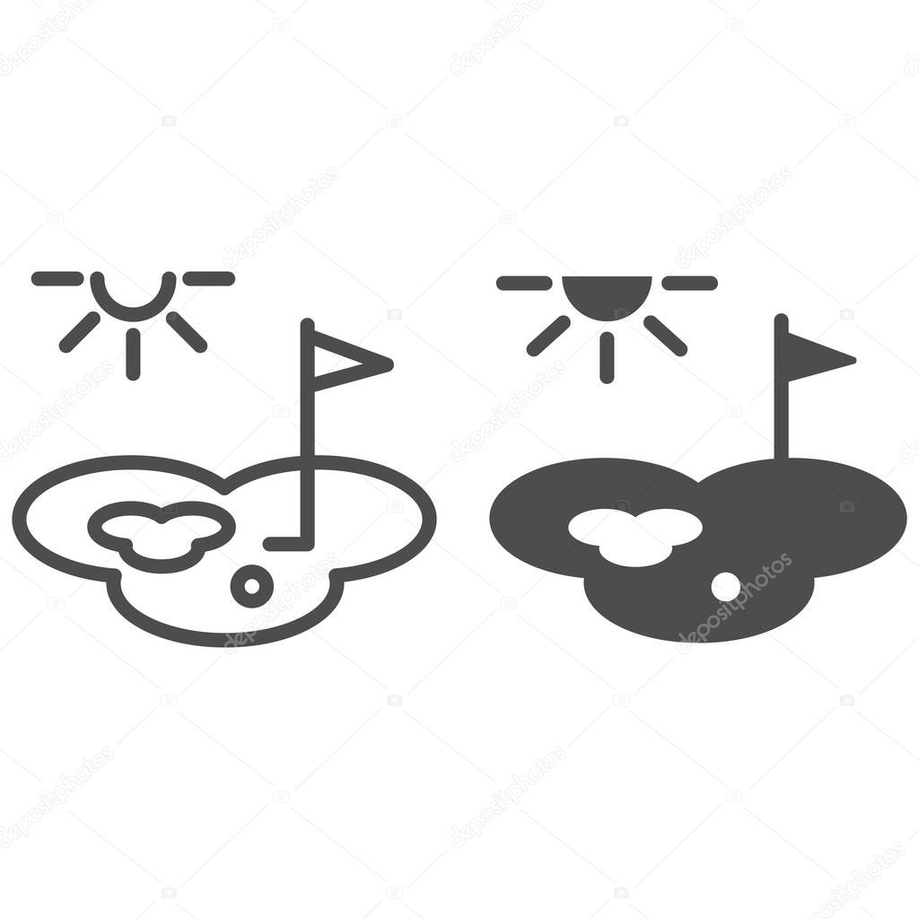 Golf course line and solid icon, golf concept, playing field sign on white background, Golf field with flag, ball and hole icon in outline style for mobile concept and web design. Vector graphics