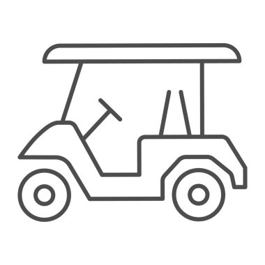 Golf arabası ince çizgi ikonu, ekipman ve spor konsepti, beyaz arka planda elektrikli golf arabası tabelası, mobil konsept ve web tasarımı için ana hatlı golf arabası ikonu. Vektör grafikleri.