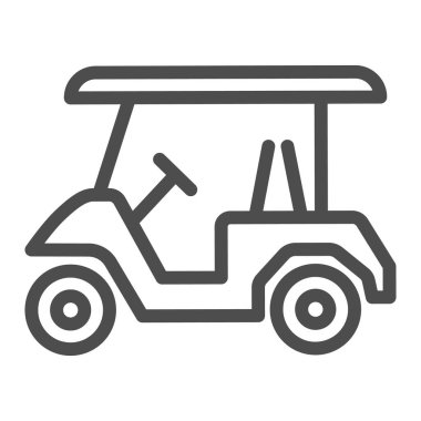 Golf arabası çizgisi ikonu, ekipman ve spor konsepti, beyaz arka planda elektrikli golf arabası tabelası, mobil konsept ve web tasarımı için ana hatlı golf arabası ikonu. Vektör grafikleri.