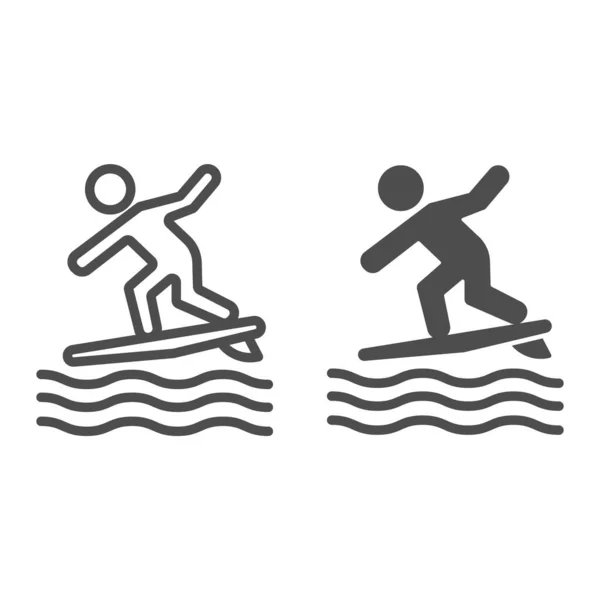 Surfleine und solides Symbol, Sommerkonzept Wassersport, Surfer und Wellen Zeichen auf weißem Hintergrund, Mann Surfen auf Surfbrett Symbol in Umriss Stil für mobiles Konzept und Web-Design. Vektorgrafik. — Stockvektor