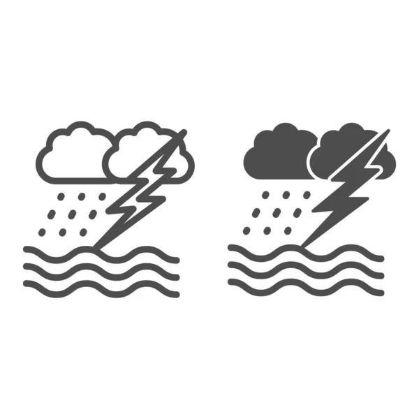 Ocean windstorm with rain and lightning line and solid icon, nautical concept, ocean storm sign on white background, waves, lightning and rain icon in outline style. Vector graphics. — Stock Vector