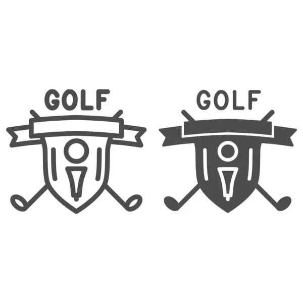 Логотип гольфу з м'ячем для гольфу та перехрещеною лінією паличок та суцільною іконою, спортивна концепція, емблема гольф-клубу на білому тлі, щит з м'ячем для гольфу на трійнику та значок клубів у контурному стилі. Векторна графіка . — стоковий вектор