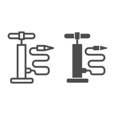 Hava pompası hattı, katı ikon, bisiklet konsepti, arka planda el hava pompası tabelası, mobil konsept ve web tasarımı için ana hatlı bisiklet pompası ikonu. Vektör grafikleri.