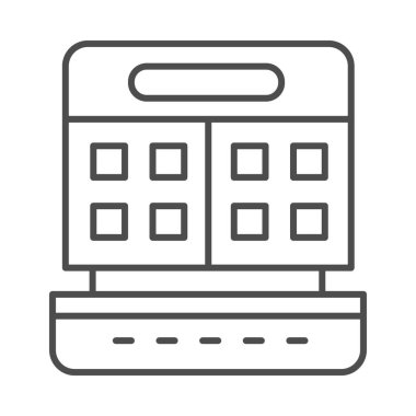 Waffle yapıcı ince çizgi ikonu, mutfak aletleri konsepti, beyaz arka planda waffle ızgarası tabelası, mobil ve web için ana hatlarda elektronik waffle yapma ikonu. Vektör grafikleri.