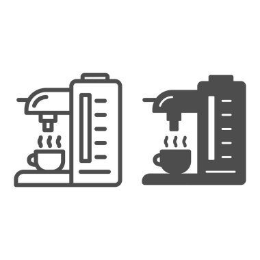 Kahve makinesi hattı ve katı ikon, mutfak ekipmanı konsepti, beyaz arka planda kahve makinesi imzası, mobil konsept ve web tasarımı için ana hatlı kahve makinesi ikonu. Vektör grafikleri.