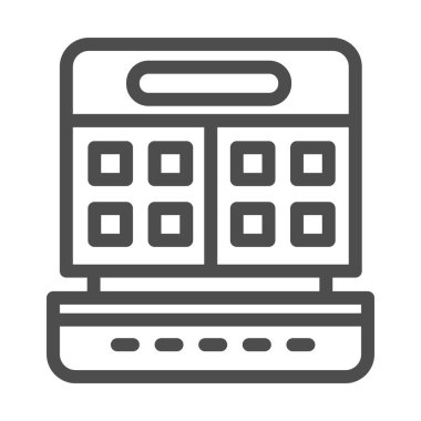 Waffle imalat hattı ikonu, mutfak aletleri konsepti, beyaz arka planda waffle ızgarası tabelası, mobil ve web için ana hatlı elektronik waffle makinesi ikonu. Vektör grafikleri.