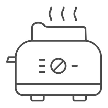 Tost makinesi, ince çizgi ikonu, mutfak ekipmanı konsepti, beyaz arka planda tost makinası, mobil konsept için ana hatlarıyla ekmek ikonu olan ekmek kızartma makinesi, web tasarımı. Vektör grafikleri.
