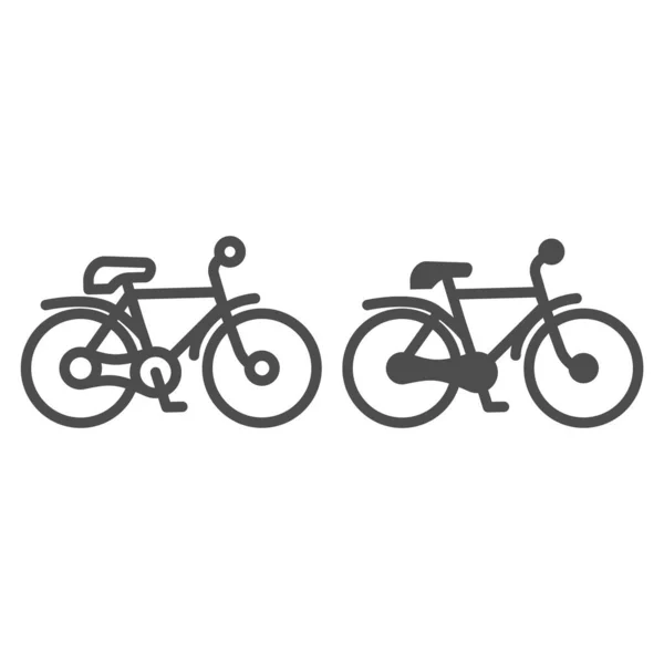 Linea bici e icona solida, concetto di trasporto, segno sagoma mountain bike su sfondo bianco, icona bicicletta in stile contorno per concetto mobile e web design. Grafica vettoriale. — Vettoriale Stock