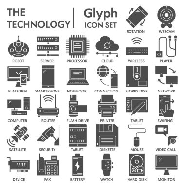 Teknoloji katı simge seti, ağ ve sosyal medya sembolleri koleksiyonu veya taslakları. Ağ ve uygulama için elektronik kabartma tabelaları. Beyaz arkaplanda izole edilmiş vektör grafikleri.