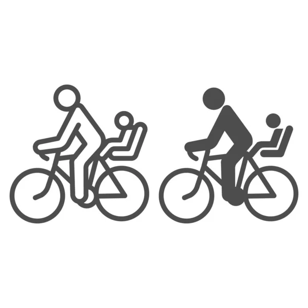 Cyclist with child line and solid icon, Summer sports concept, family on mountain bike sign on white background, Father with kid ride bicycle icon in outline style for mobile and web. Vector graphics. — Stock Vector