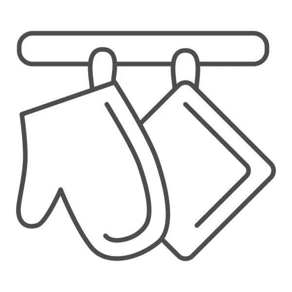 Oven-glove 및 potholder thin line icon, Kitchen 액세서리 컨셉, 흰색 배경에 열 보호용 홈 직물 간판 , Oven mitt 및 potholder hang on rack icon 의 윤곽. 벡터 그래픽. — 스톡 벡터