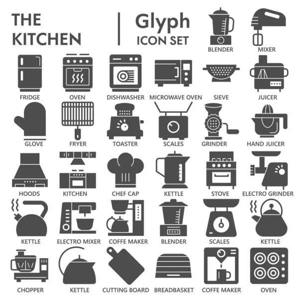 Keuken vaste pictogram set, apparaten symbolen collectie of schetsen. Cookware glyph stijl borden voor web en app. Vectorafbeeldingen geïsoleerd op witte achtergrond. — Stockvector