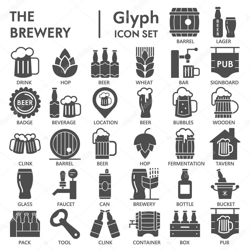 Brewery solid icon set, beer symbols collection or sketches. Alcohol beverage glyph style signs for web and app. Vector graphics isolated on white background.