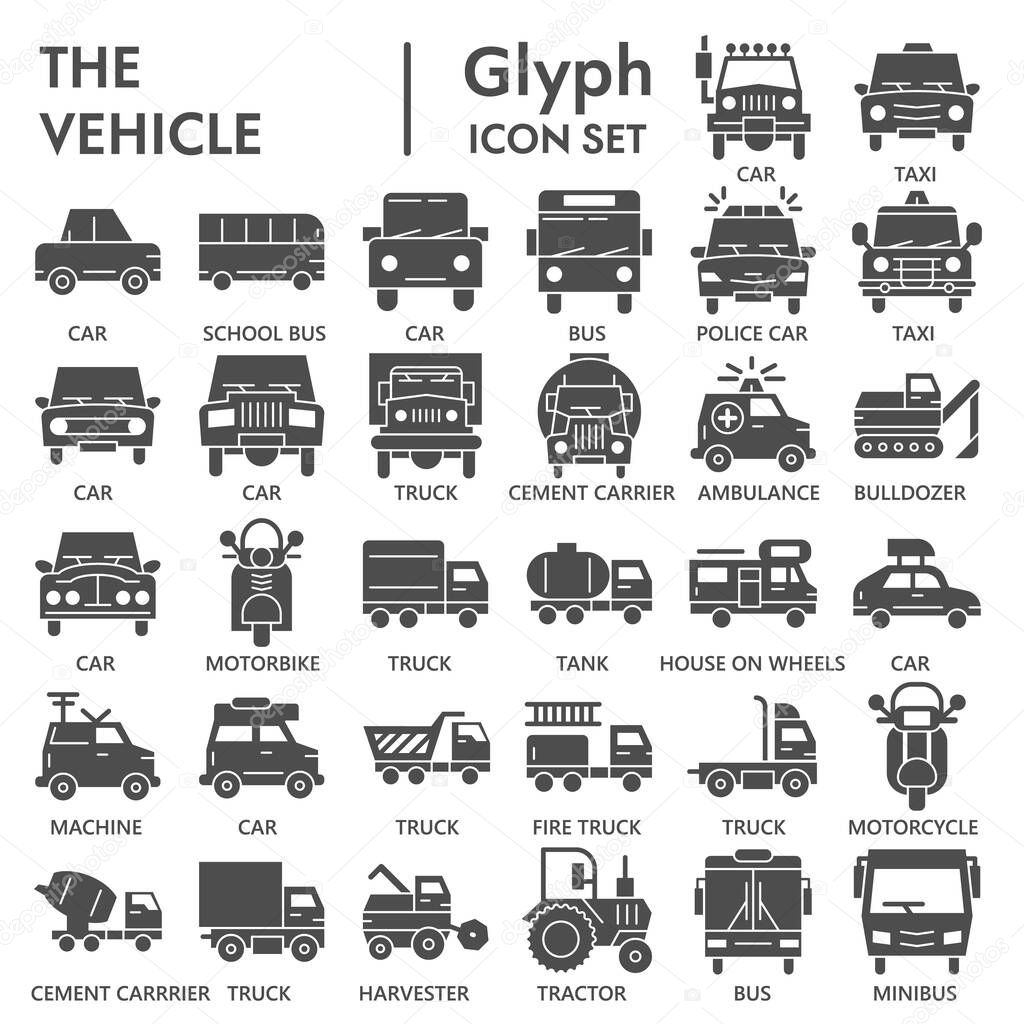 Vehicle solid icon set, transportation symbols collection or sketches. Truck and car glyph style signs for web and app. Vector graphics isolated on white background.